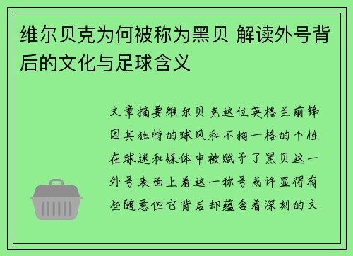 维尔贝克为何被称为黑贝 解读外号背后的文化与足球含义