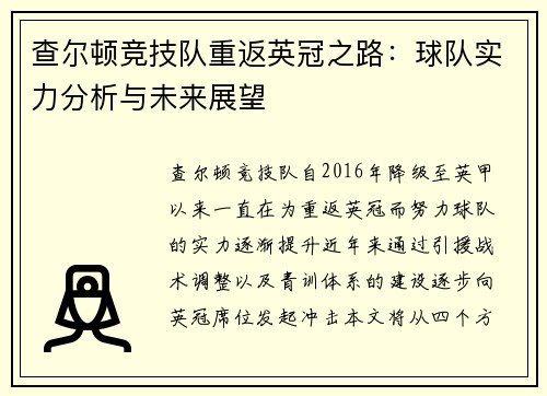 查尔顿竞技队重返英冠之路：球队实力分析与未来展望